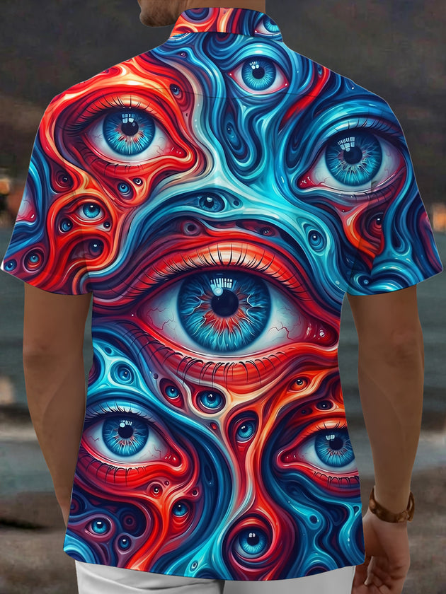 Adaychic Men's Patterned Psychedelic Fluid Multi-eye Pattern Short Sleeve Shirt with Chest Pocket