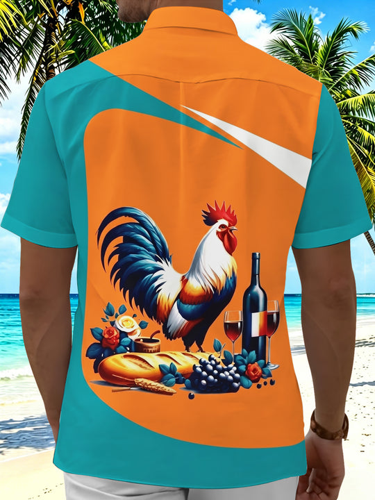 Adaychic Men's Hawaiian Rooster With Wine And Bread Print Short Sleeve Shirt with Chest Pocket