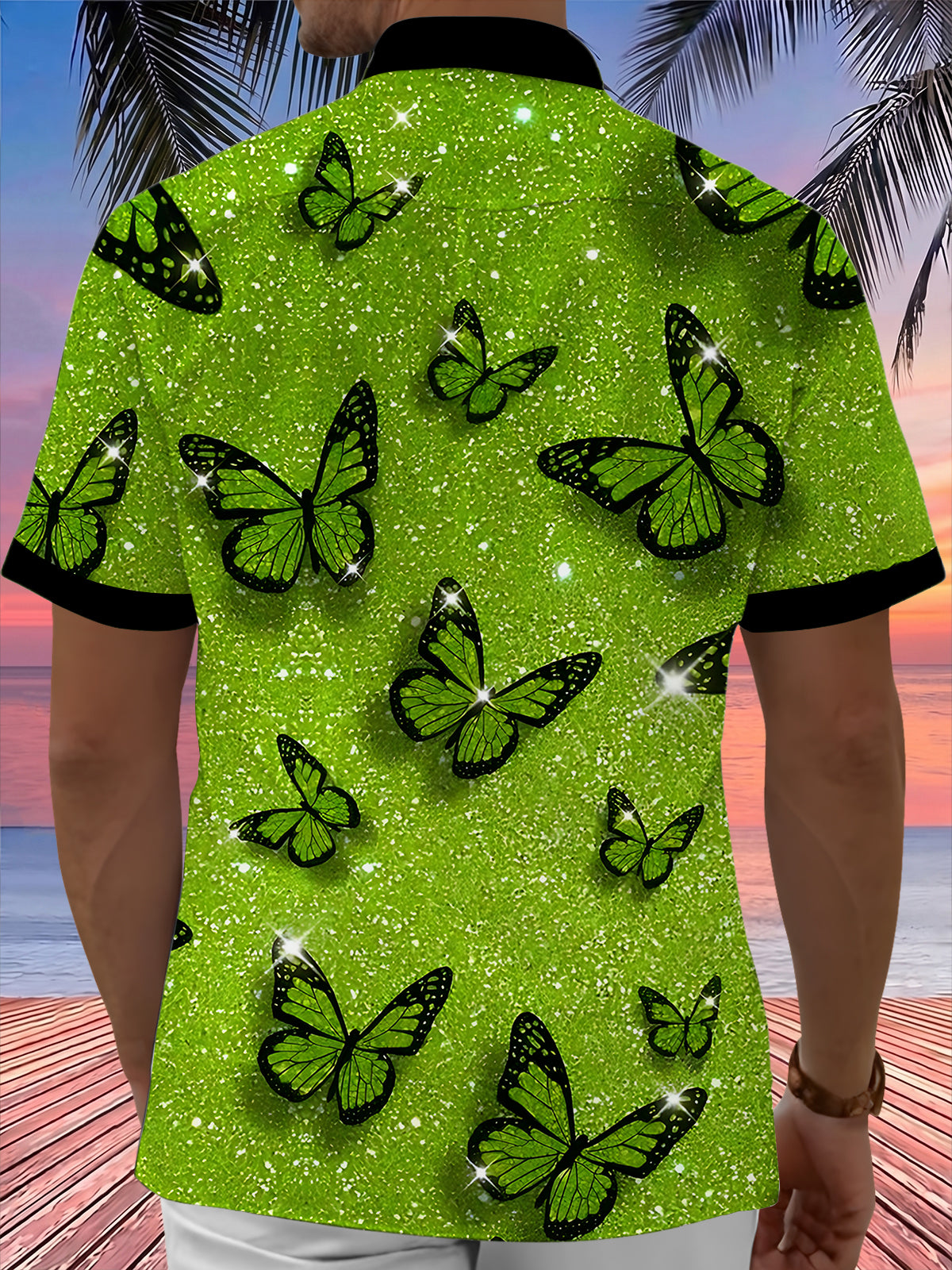 Adaychic Men's Hawaiian Green Glitter Butterfly Pattern Short Sleeve Shirt with Chest Pocket