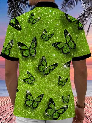 Adaychic Men's Hawaiian Green Glitter Butterfly Pattern Short Sleeve Shirt with Chest Pocket