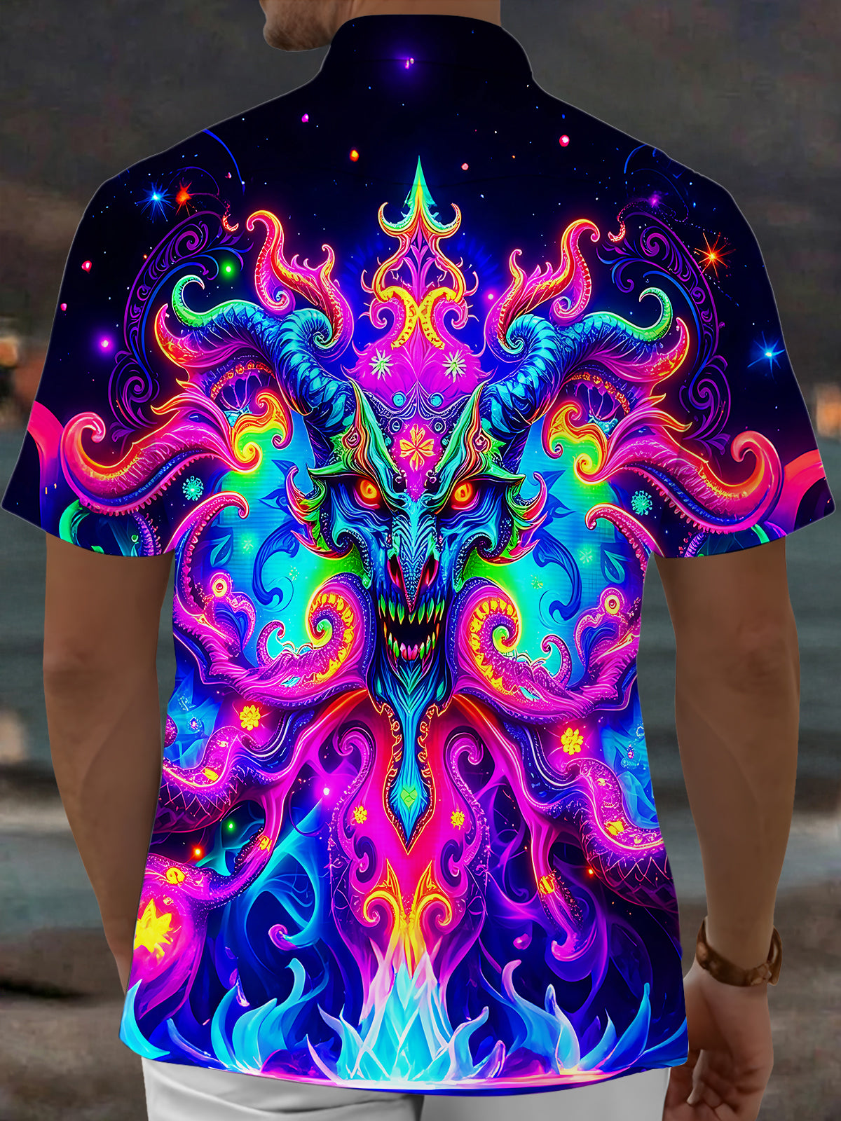 Adaychic Men's Graphic Neon Demon Face Print Short Sleeve Shirt with Chest Pocket