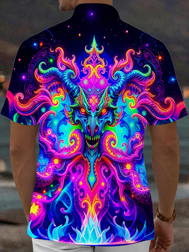 Adaychic Men's Graphic Neon Demon Face Print Short Sleeve Shirt with Chest Pocket