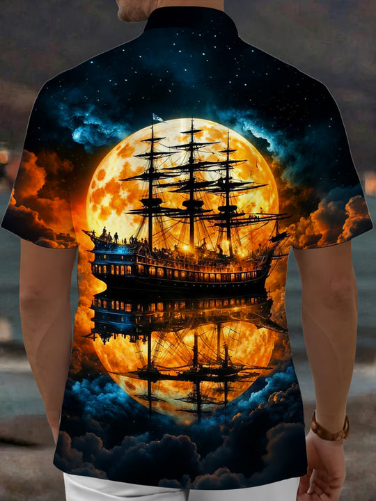 Adaychic Men's Vintage Style Sailing Ship Silhouette Print Short Sleeve Shirt with Chest Pocket