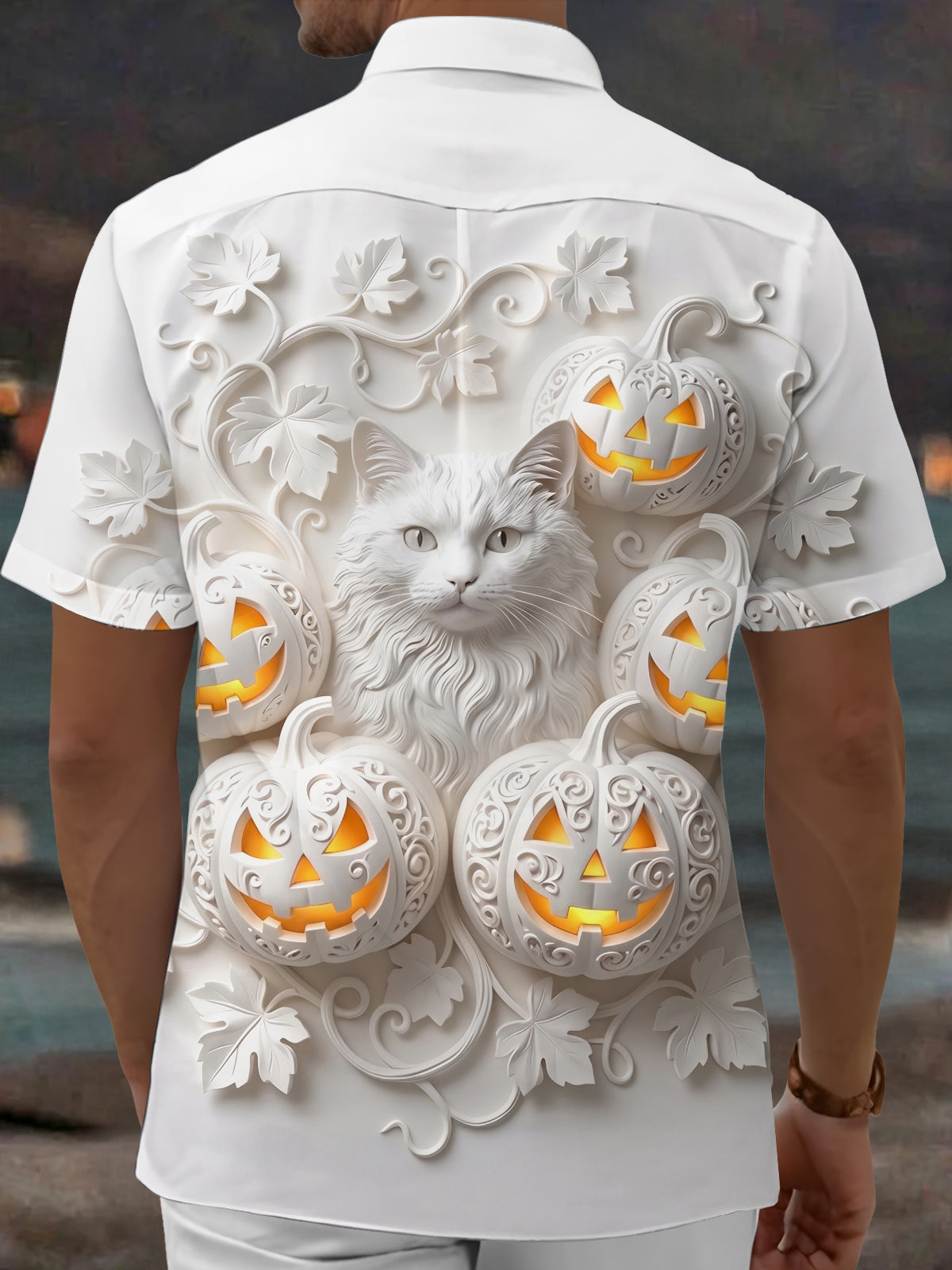 Adaychic Men's Graphic Halloween Pumpkin Print Short Sleeve Shirt with Chest Pocket