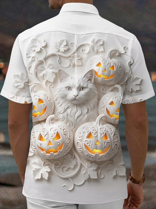Adaychic Men's Graphic Halloween Pumpkin Print Short Sleeve Shirt with Chest Pocket