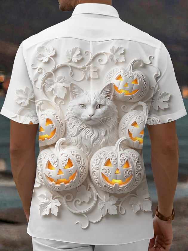 Adaychic Men's Graphic Halloween Pumpkin Print Short Sleeve Shirt with Chest Pocket