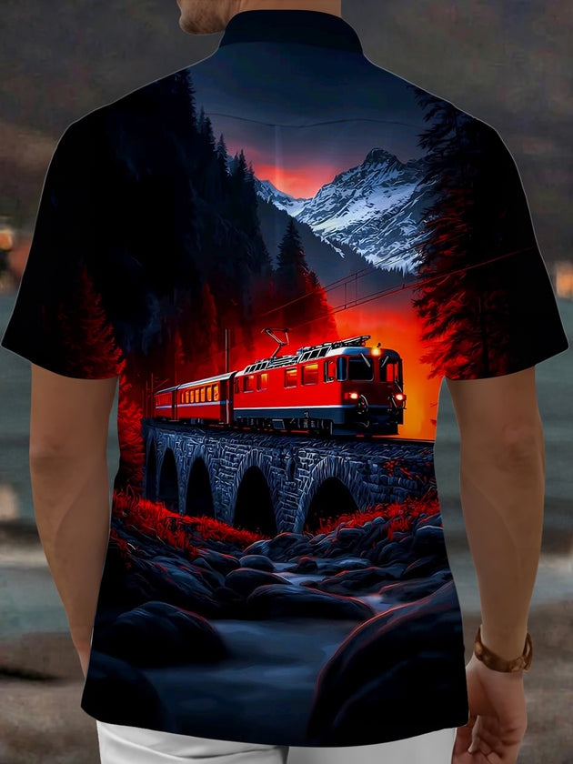 Vintage Train Forest Mountain Bridge Print Men's Pocket Short Sleeve Shirts