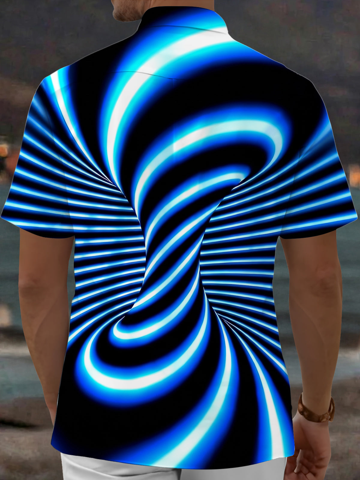 Adaychic Men's Psychedelic Blue Neon Swirl Pattern Short Sleeve Shirt with Chest Pocket