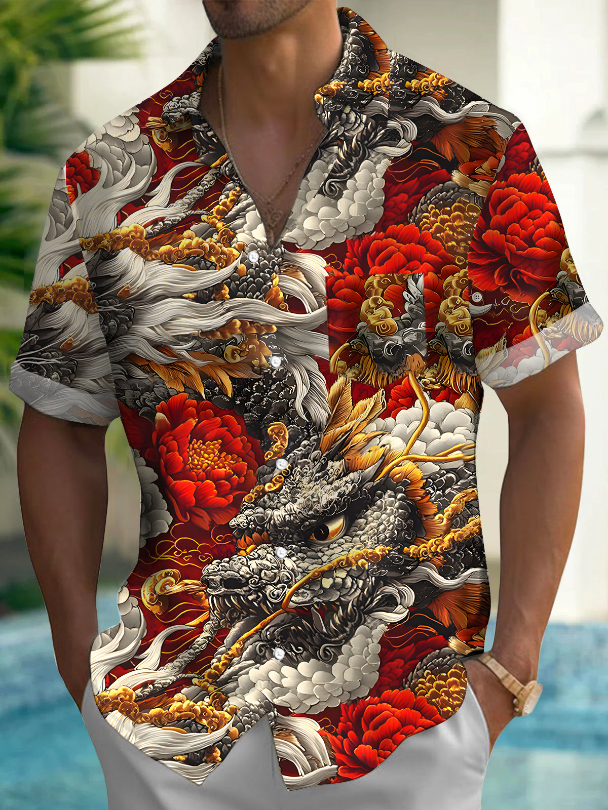 Ukiyo-e Dragon Floral Print Men's Pocket Short Sleeve Shirts