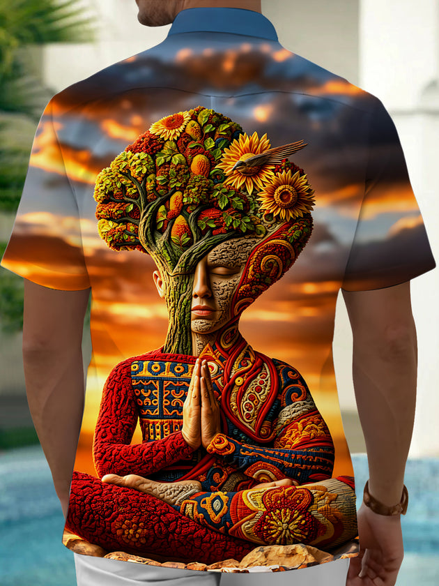 Adaychic Men's Graphic Meditation Tree-man Print Short Sleeve Shirt with Chest Pocket