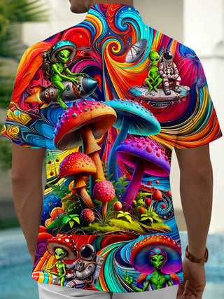 Adaychic Men's Graphic Psychedelic Mushroom Alien Print Short Sleeve Button Down Shirt with Chest Pocket
