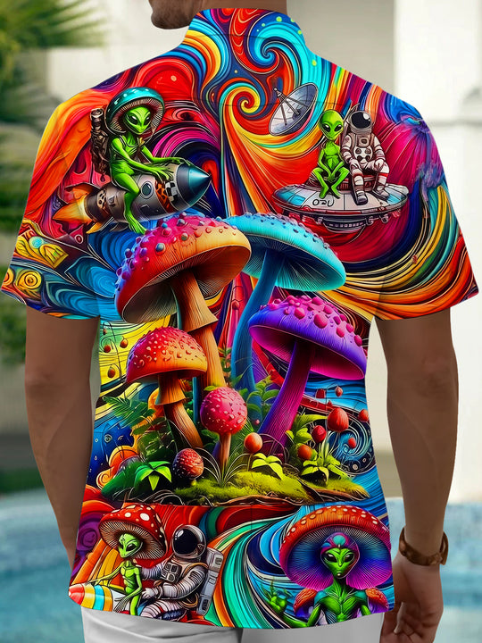 Adaychic Men's Graphic Psychedelic Mushroom Alien Print Short Sleeve Button Down Shirt with Chest Pocket