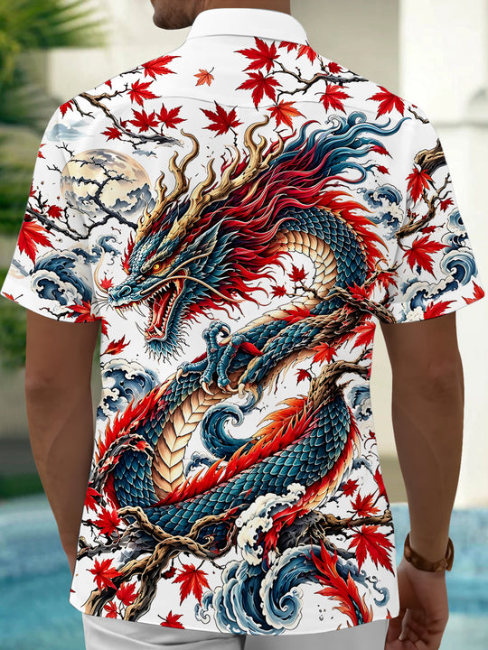 Adaychic Men's Hawaiian Dragon Print Maple Leaf Print Short Sleeve Shirt with Chest Pocket