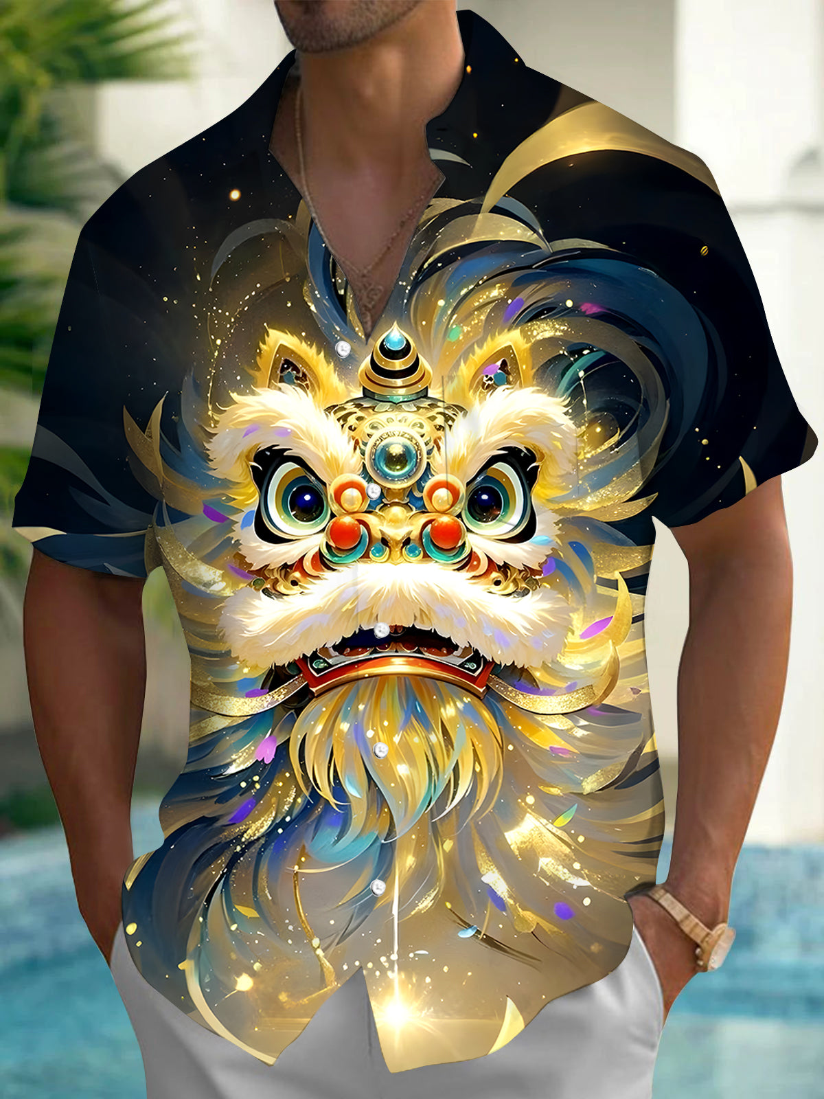 Dragon And Lion Dances Men's Pocket Short Sleeve Shirts
