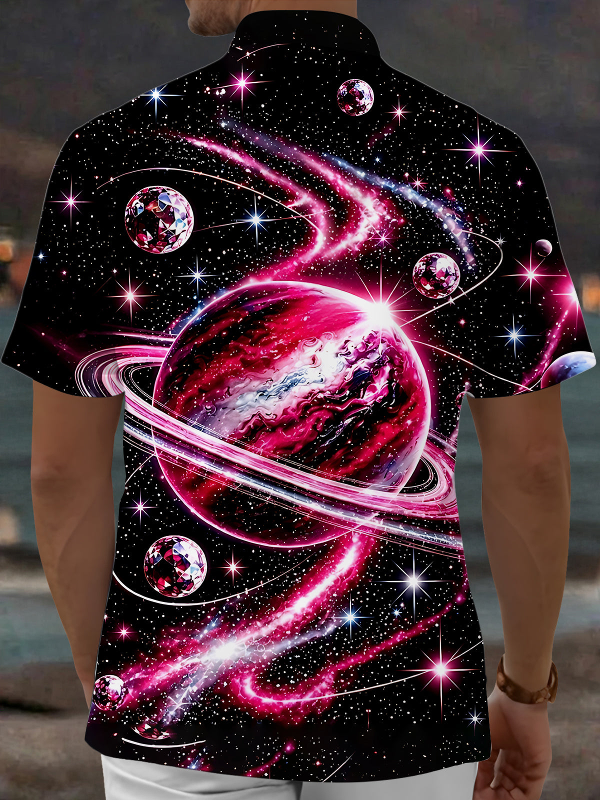 Adaychic Men's Space Galaxy With Planets And Stars Print Short Sleeve Shirt with Chest Pocket
