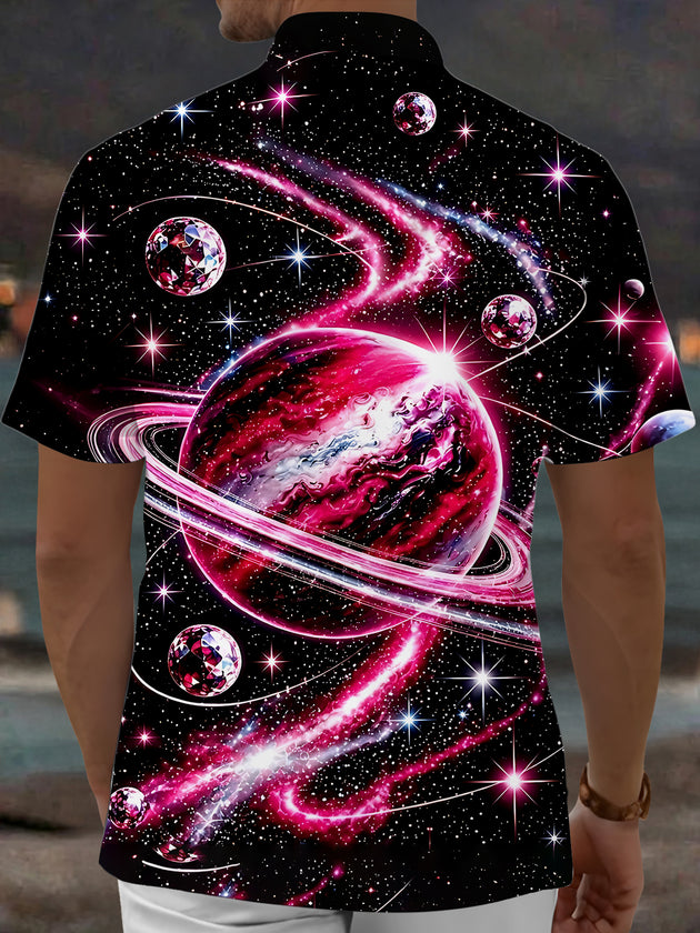 Adaychic Men's Space Galaxy With Planets And Stars Print Short Sleeve Shirt with Chest Pocket