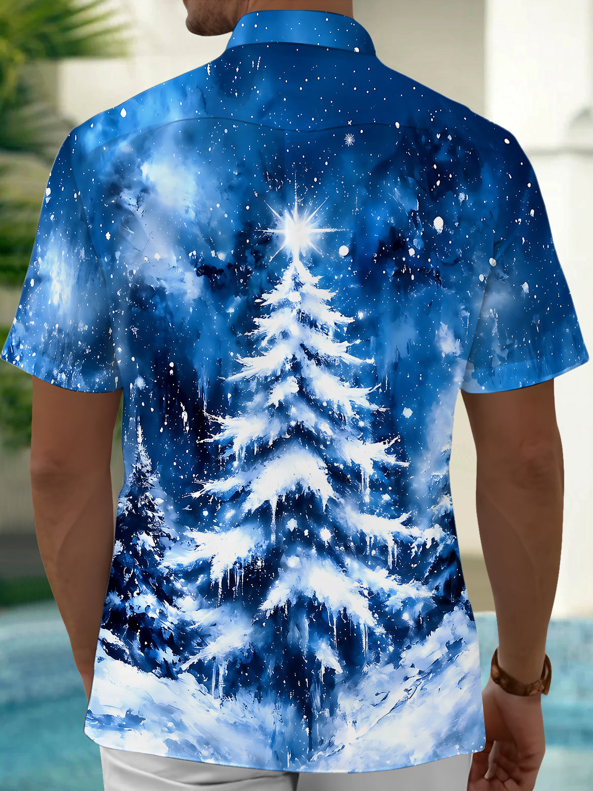 Adaychic Men's Hawaiian Snow-covered Christmas Tree Print Short Sleeve Shirt with Chest Pocket