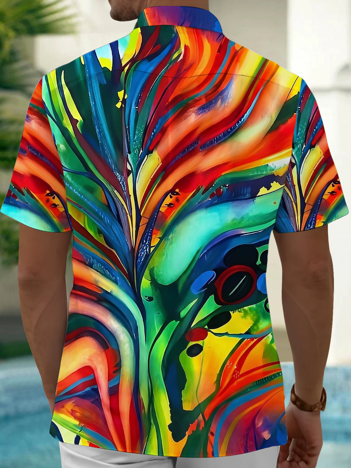 Adaychic Men's Green Abstract Colorful Swirl Print Short Sleeve Button Down Shirt with Chest Pocket