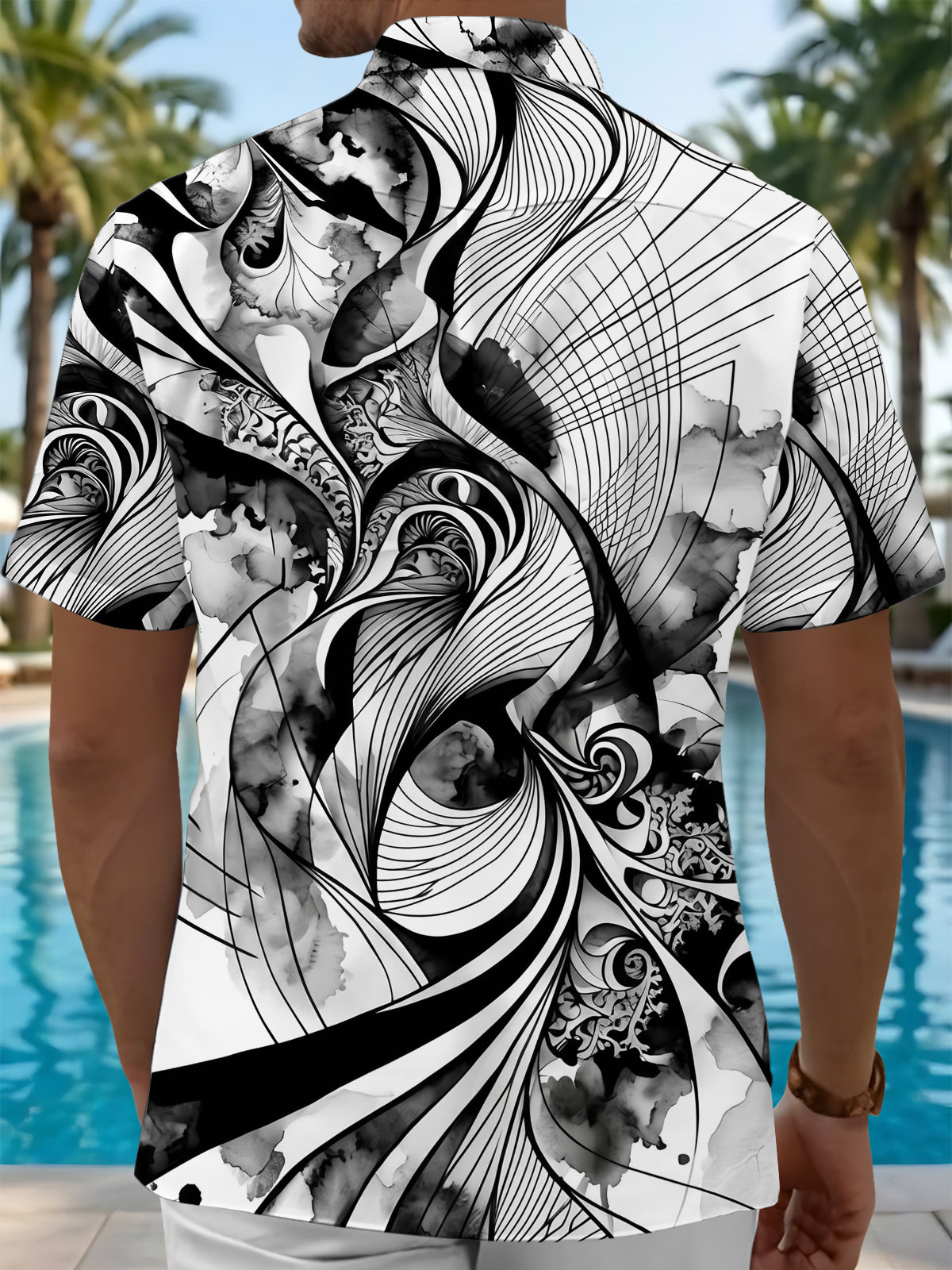 Adaychic Men's Abstract Abstract Swirl Lines Print Short Sleeve Shirt with Chest Pocket