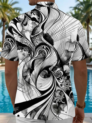 Adaychic Men's Abstract Abstract Swirl Lines Print Short Sleeve Shirt with Chest Pocket