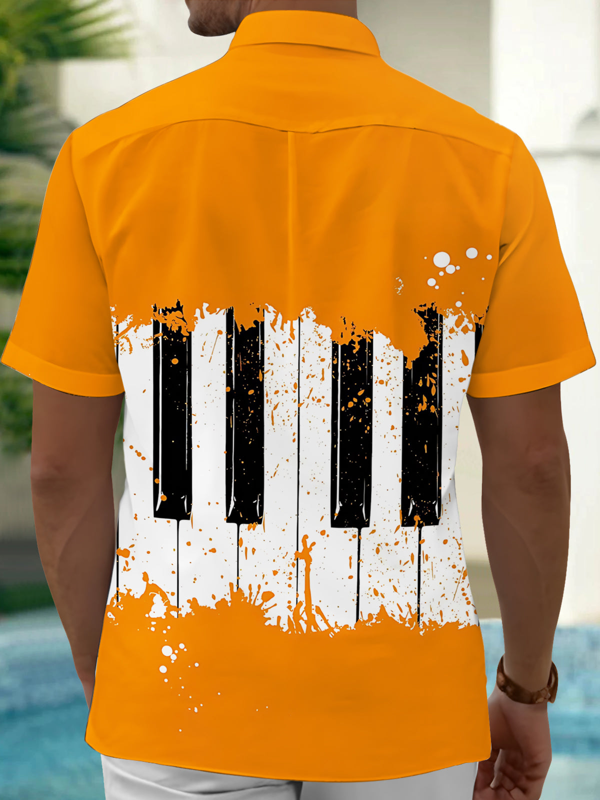 Adaychic Men's Graphic Piano Keys Print Paint Splatter Print Short Sleeve Shirt with Chest Pocket