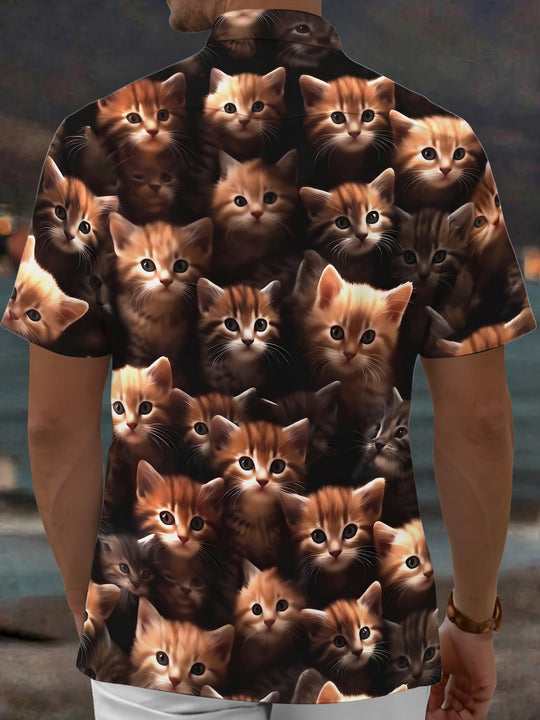 Adaychic Men's Vintage Style Kitten Faces Print Cat Print Short Sleeve Shirt with Chest Pocket