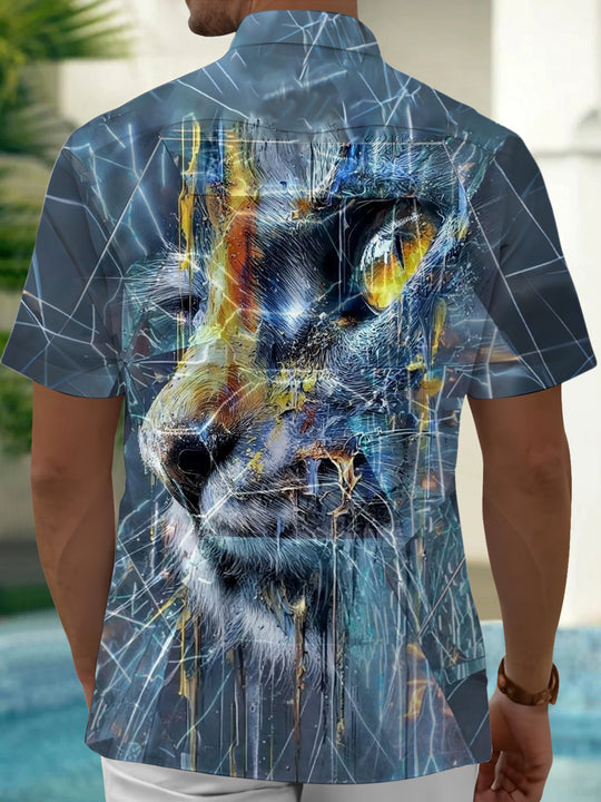 Adaychic Men's Printed Abstract Wolf Face Print Short Sleeve Shirt with Chest Pocket