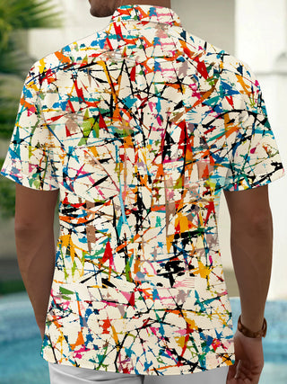 Adaychic Men's Printed Colorful Paint Splatter Print Short Sleeve Shirt with Chest Pocket