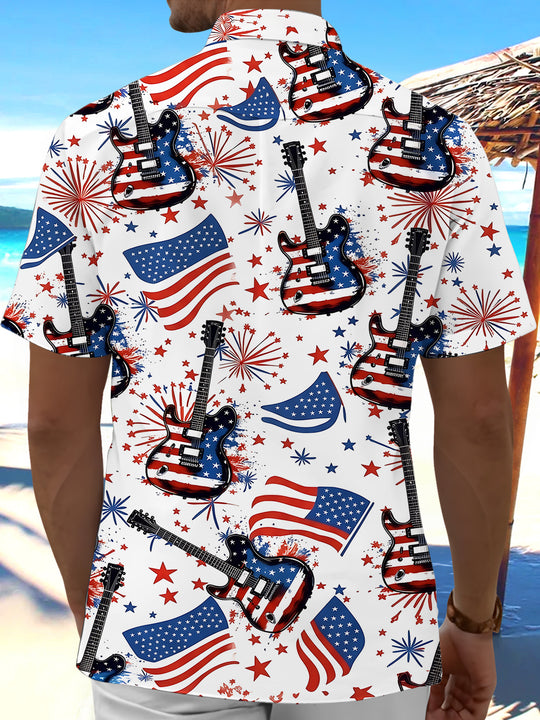 American Flag Guitar Fireworks Men's Pocket Short Sleeve Shirts