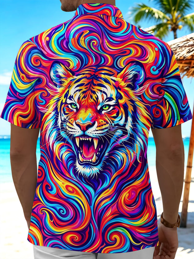 Adaychic Men's Colorful Psychedelic Tiger Face Print Short Sleeve Shirt with Chest Pocket