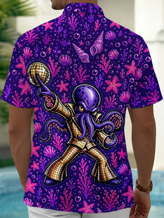 Adaychic Men's Hawaiian Disco Octopus Print Short Sleeve Shirt with Chest Pocket