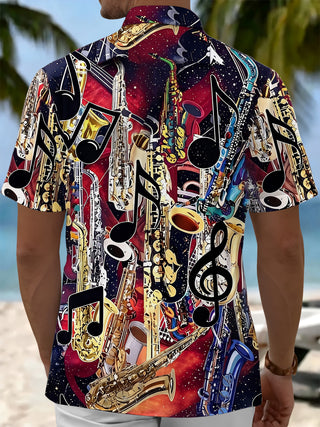 Adaychic Men's Graphic Saxophone Instruments Print Short Sleeve Shirt with Chest Pocket