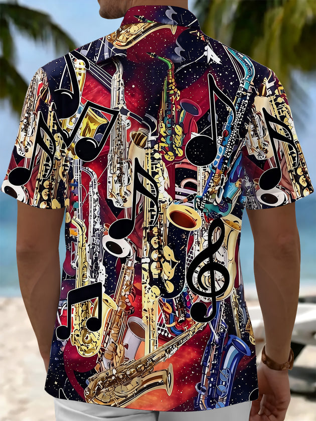 Adaychic Men's Graphic Saxophone Instruments Print Short Sleeve Shirt with Chest Pocket