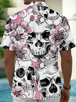Adaychic Men's Hawaiian Skull And Floral Pattern Short Sleeve Shirt with Chest Pocket