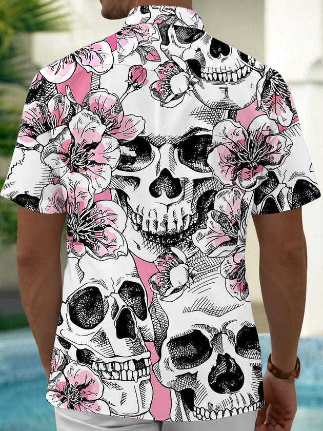 Adaychic Men's Hawaiian Skull And Floral Pattern Short Sleeve Shirt with Chest Pocket
