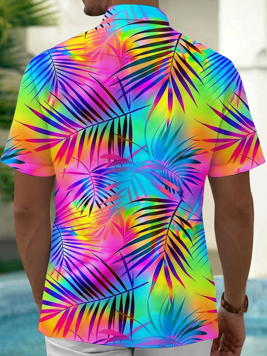 Adaychic Men's Hawaiian Rainbow Tropical Palm Leaf Print Short Sleeve Button Down Shirt with Chest Pocket