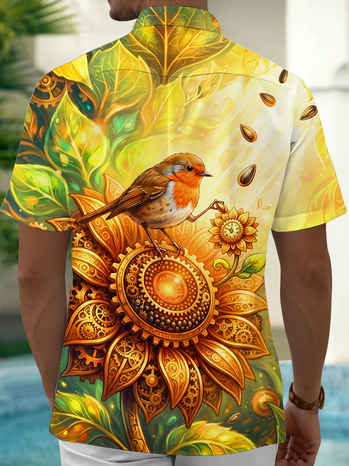 Adaychic Men's Graphic Steampunk Sunflower And Robin Print Short Sleeve Shirt with Chest Pocket