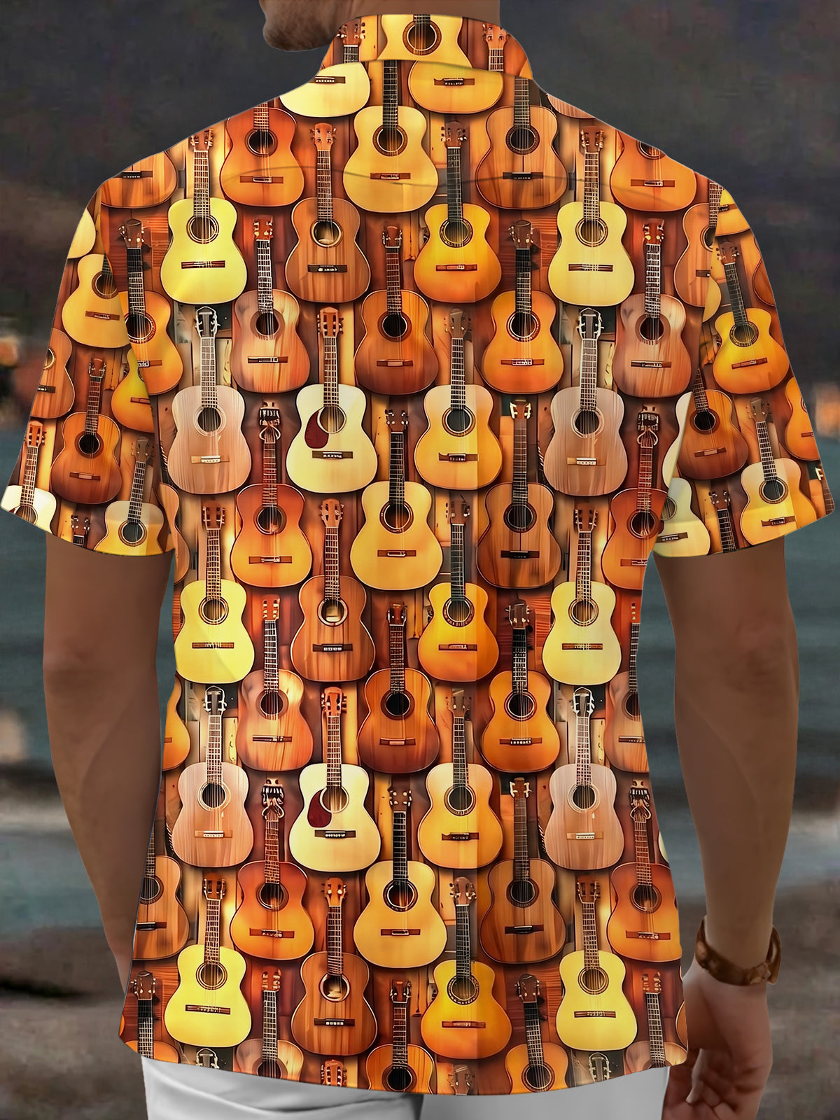 Adaychic Men's Hawaiian Acoustic Guitar Pattern Short Sleeve Shirt with Chest Pocket