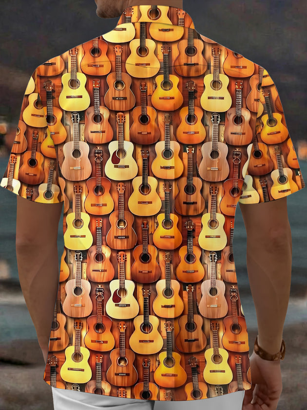 Adaychic Men's Hawaiian Acoustic Guitar Pattern Short Sleeve Shirt with Chest Pocket