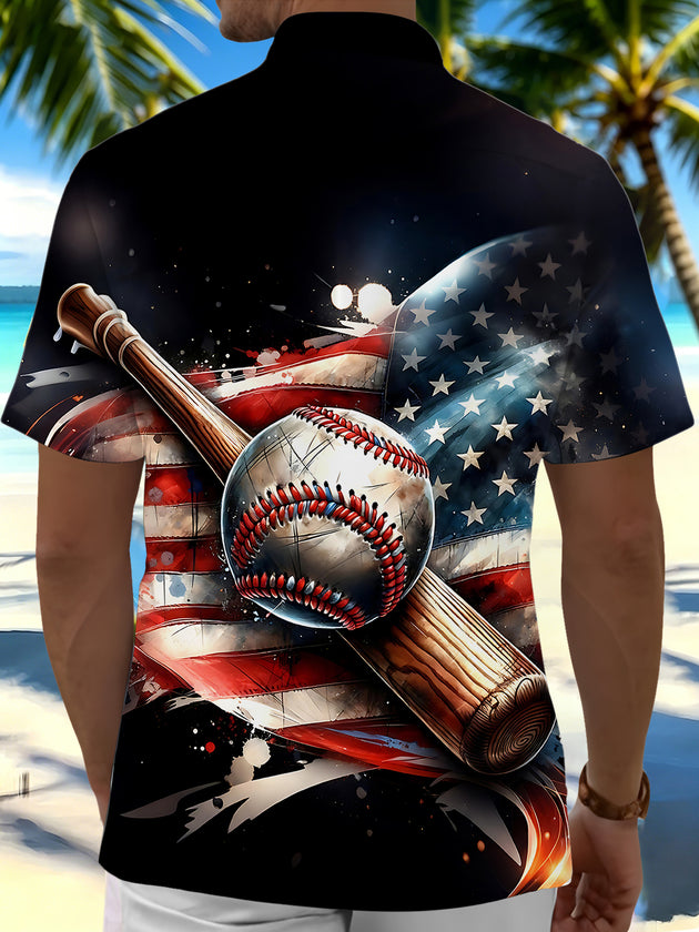 Independence American Flag Baseball Men's Pocket Short Sleeve Shirts