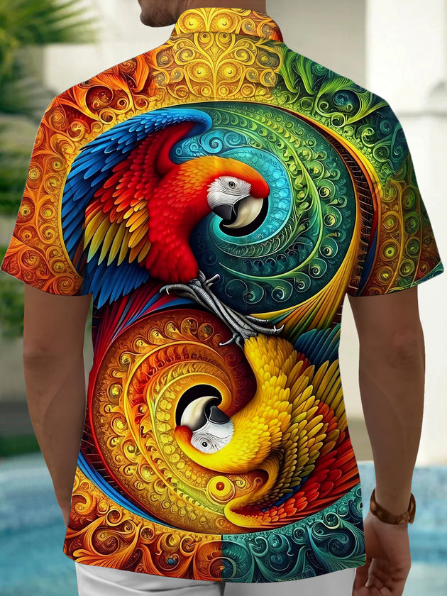 Adaychic Men's Hawaiian Parrot Print Colorful Swirl Pattern Short Sleeve Shirt with Chest Pocket