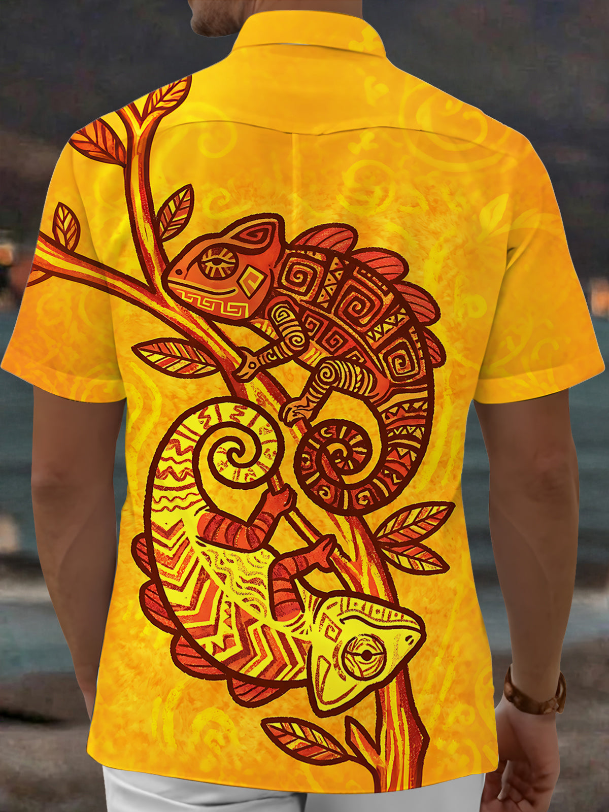 Adaychic Men's Hawaiian Chameleon On Branch Print Short Sleeve Shirt with Chest Pocket