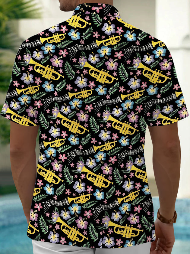 Adaychic Men's Hawaiian Trumpet Musical Notes Print Short Sleeve Shirt with Chest Pocket
