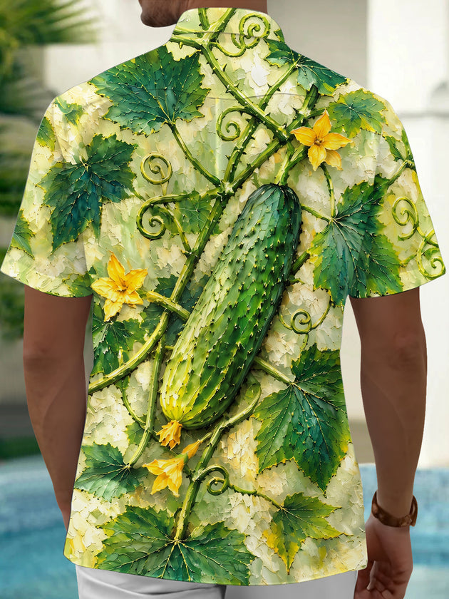 Adaychic Men's Hawaiian Cucumber And Vine Leaves Print Short Sleeve Shirt with Chest Pocket
