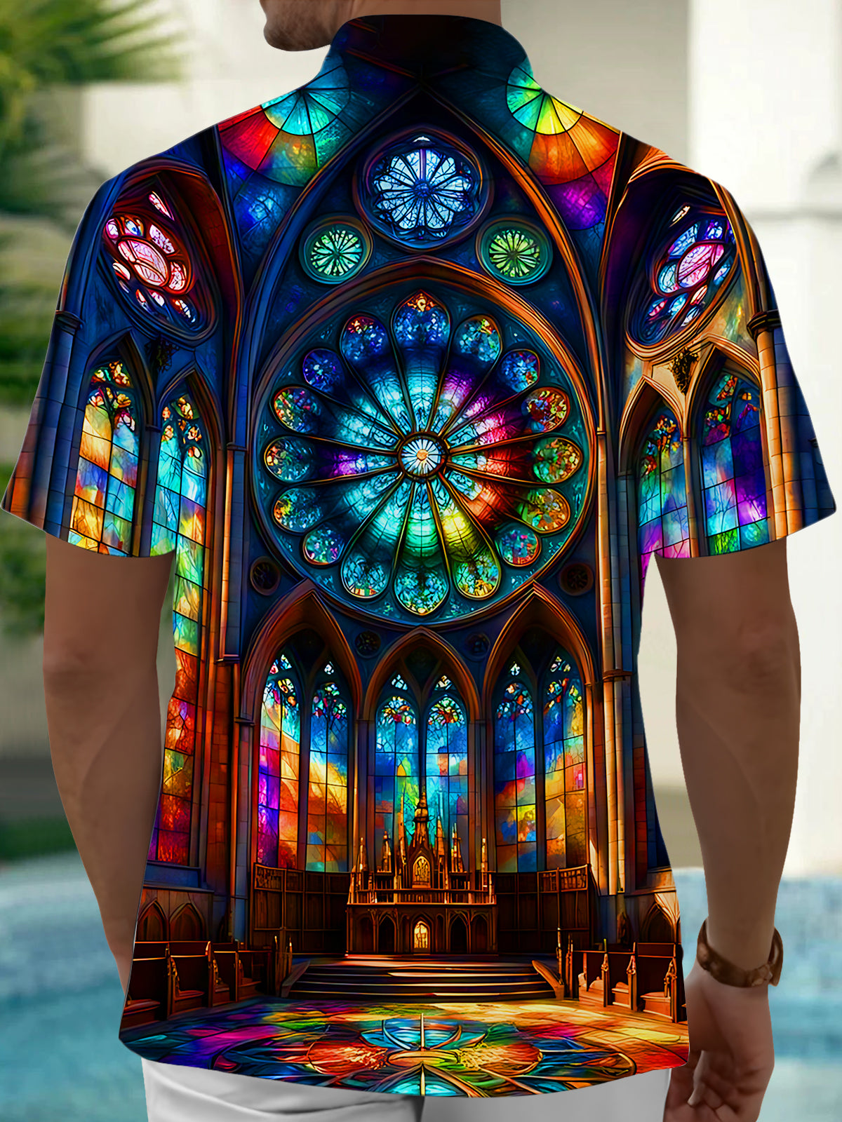 Adaychic Men's Graphic Stained Glass Church Print Short Sleeve Button Down Shirt with Chest Pocket