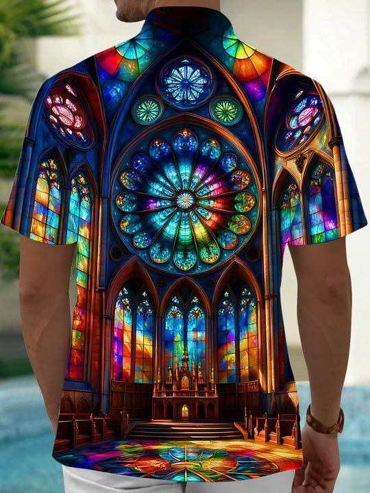 Adaychic Men's Graphic Stained Glass Church Print Short Sleeve Button Down Shirt with Chest Pocket
