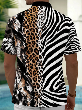 Adaychic Men's Short Sleeve Shirt - Mixed Animal Prints Including Zebra Stripes Leopard Spots And Snake Scales Print with Chest Pocket