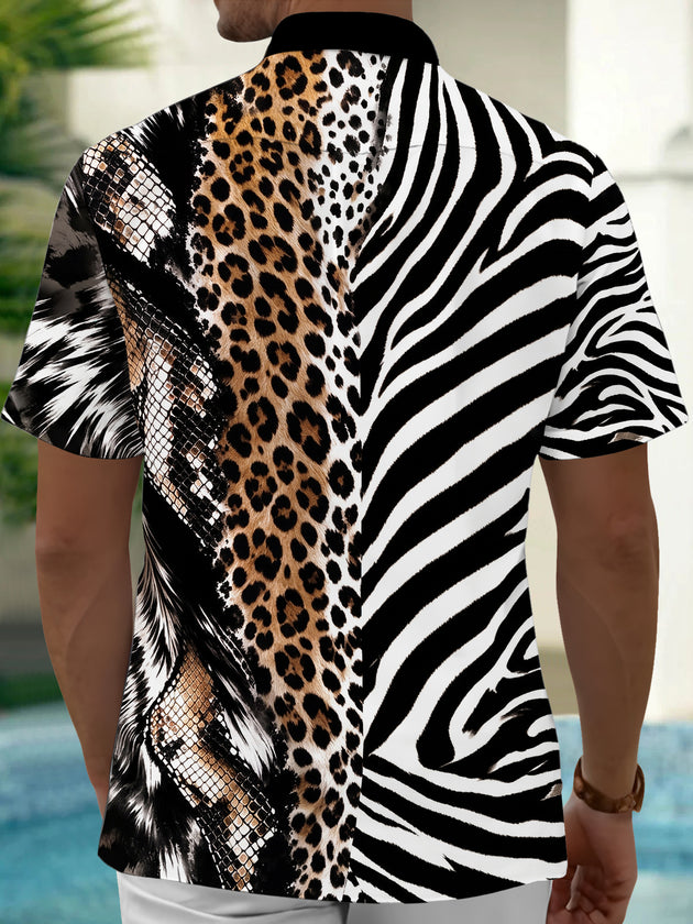 Adaychic Men's Short Sleeve Shirt - Mixed Animal Prints Including Zebra Stripes Leopard Spots And Snake Scales Print with Chest Pocket