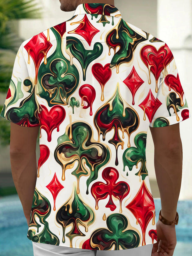 Adaychic Men's Hawaiian Melting Playing Card Suits Print Short Sleeve Shirt with Chest Pocket