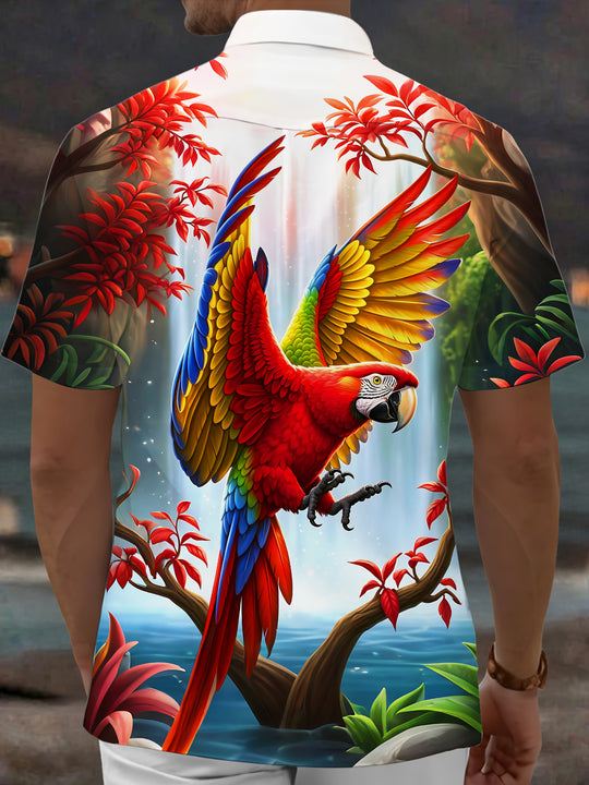 Adaychic Men's Hawaiian Scarlet Macaw Print Short Sleeve Shirt with Chest Pocket